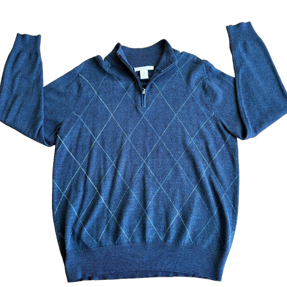 Geoffrey Beene Sweater Mens Large Blue Quarter Zip Argyle Preppy Classic Cozy!